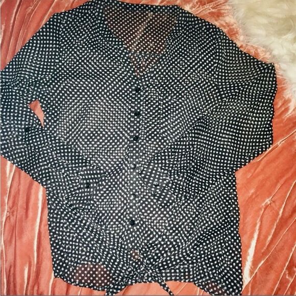 Zac & Rachel Vintage Y2K Top Black White Sheer Polka Dot Button Up Tab Sleeves S - Picture 14 of 16